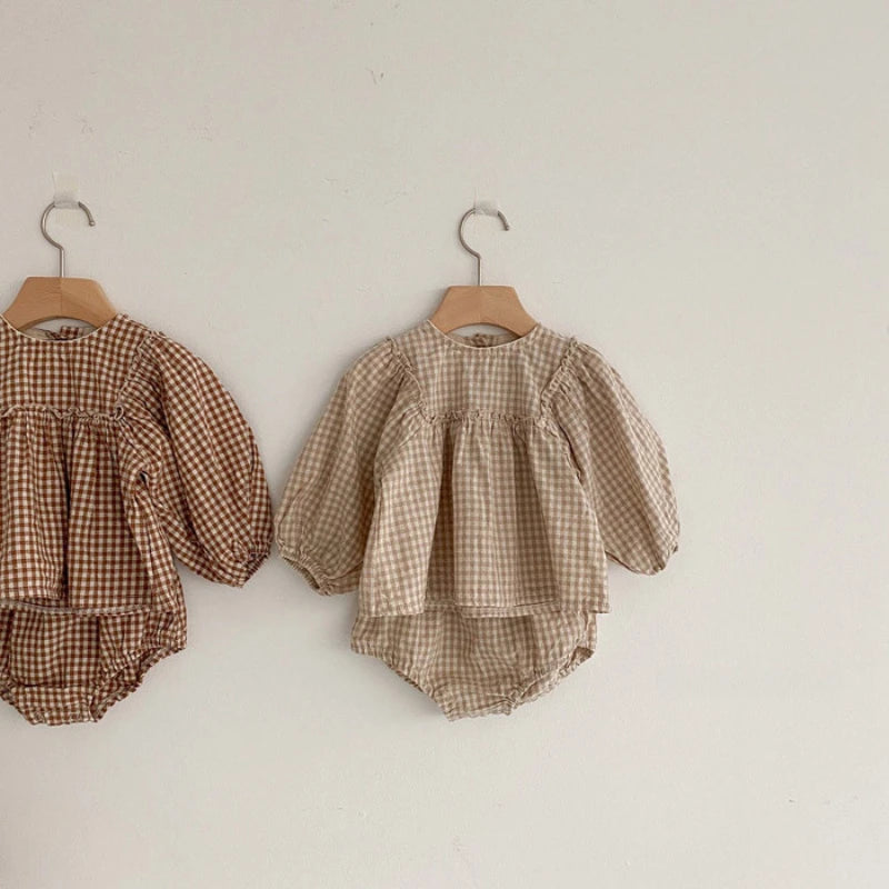 Spring Baby Girls Plaid Blouse & Shorts Set