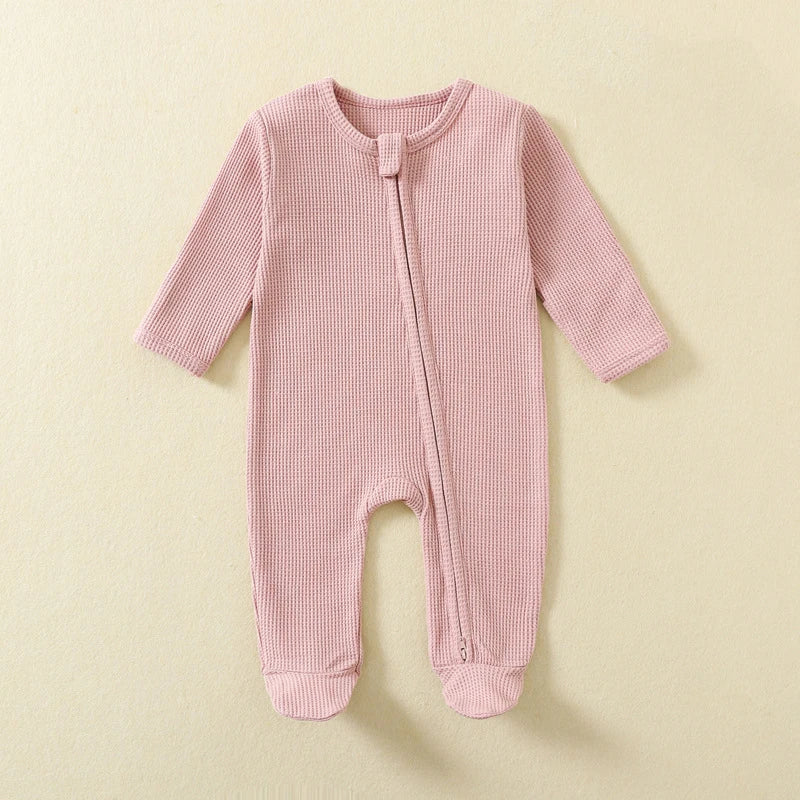 Organic Cotton Waffle Baby Romper – Zipper Footed Long-Sleeve Sleepsuit