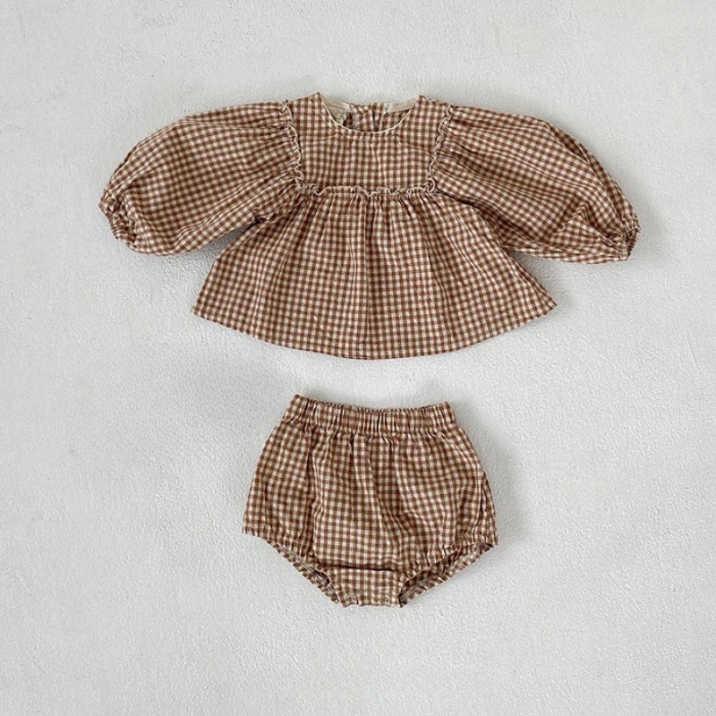 Spring Baby Girls Plaid Blouse & Shorts Set