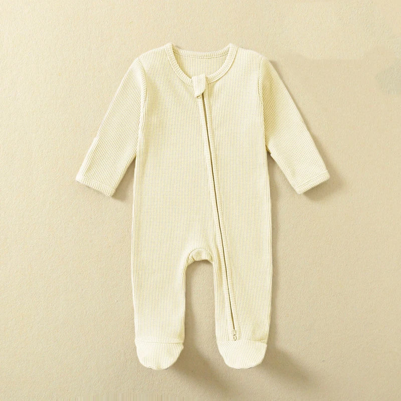 Organic Cotton Waffle Baby Romper – Zipper Footed Long-Sleeve Sleepsuit