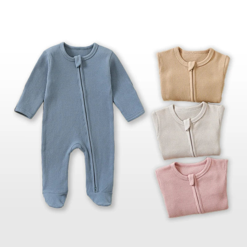 Organic Cotton Waffle Baby Romper – Zipper Footed Long-Sleeve Sleepsuit