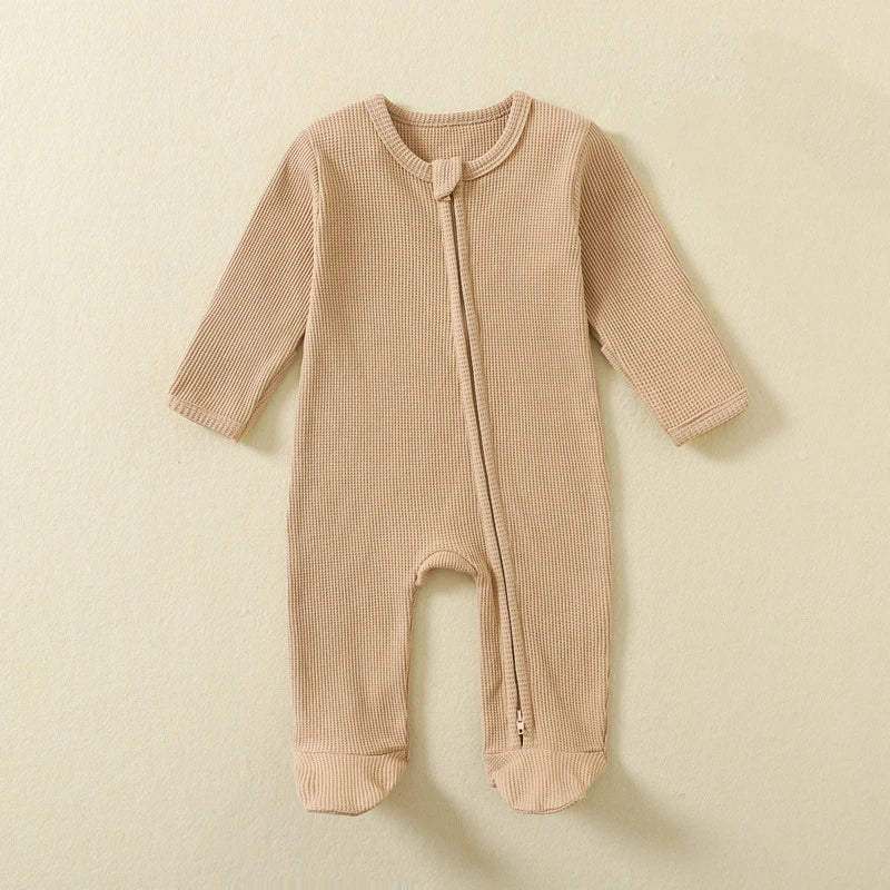 Organic Cotton Waffle Baby Romper – Zipper Footed Long-Sleeve Sleepsuit