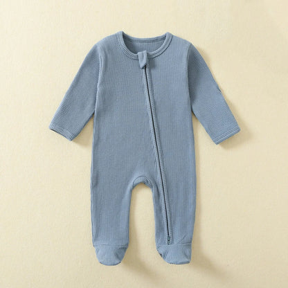 Organic Cotton Waffle Baby Romper – Zipper Footed Long-Sleeve Sleepsuit